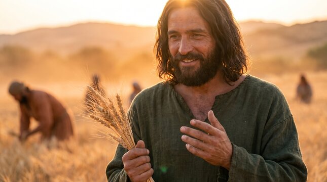 Jesus Christ Smiling in a Golden Wheat Field at Sunset, Biblical Parable of the Harvest and the Bread of Life