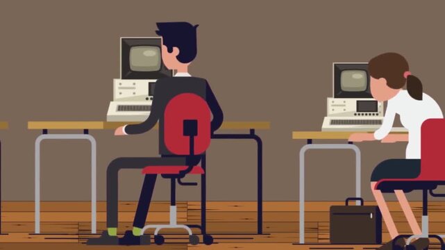 2D Animated Office Workers Sitting at Desks Working on Computers in Dim Office Interior Flat Vector Character Animation Footage