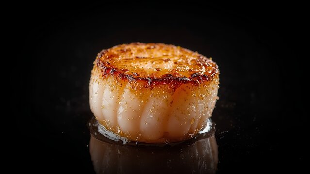 ramatic studio spotlight shining on a gourmet seared scallop
