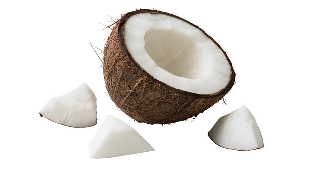 Half coconut with three white flesh pieces