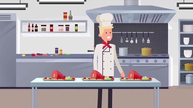 2D Animated Chef in Uniform Standing at Counter Preparing Steak Meals in Commercial Kitchen Flat Vector Character Animation Footage