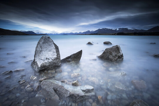New Zealand; South Island: Rocks on the shores of Lake Tekapo