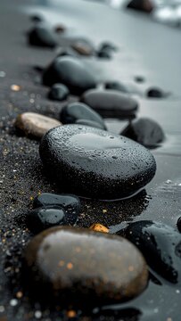 Smooth Black Wet Pebbles with Water Droplets on Dark Volcanic Sand Beach