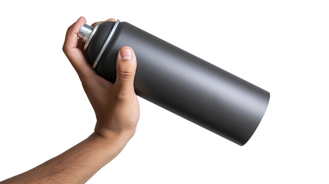 Hand holding black spray paint can with silver nozzle