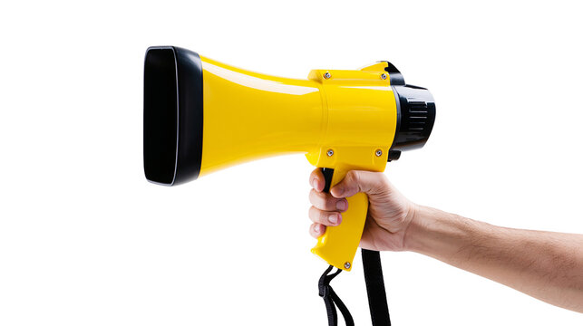Yellow megaphone held by hand with black accents