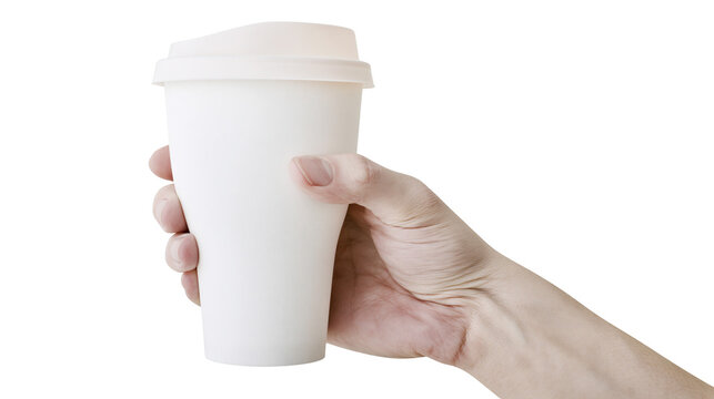 Hand holding white disposable coffee cup with lid
