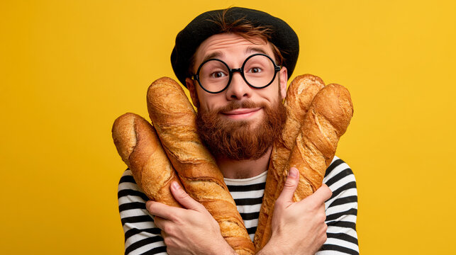 Young bearded man in beret hugging baguettes with playful smile on yellow background