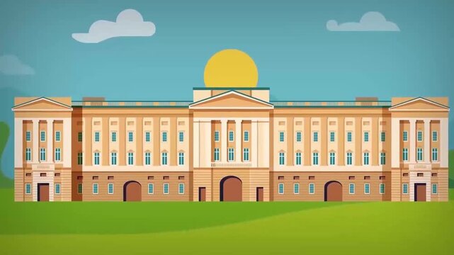 2D Animated Government Palace Capitol Building Exterior with Dome and Green Lawn Flat Vector Motion Graphics Animation Footage
