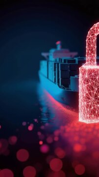 Digital security padlock in front of a cargo ship, symbolizing maritime logistics safety and data protection in the shipping industry. ..Created with Generative AI, not depicting real subjects.