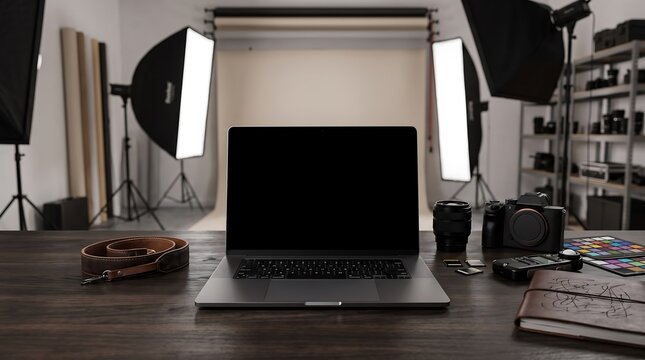 Laptop on a desk in a professional photography studio with bright studio lights