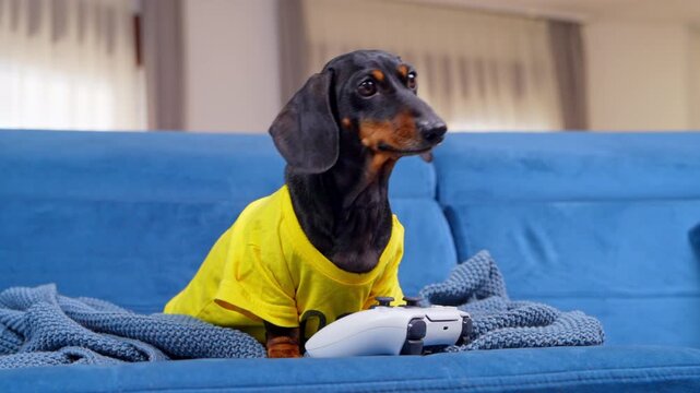 A black and tan dachshund dog wearing a yellow shirt sits on a blue sofa holding a video game controller, a humorous concept of gaming addiction and screen time.