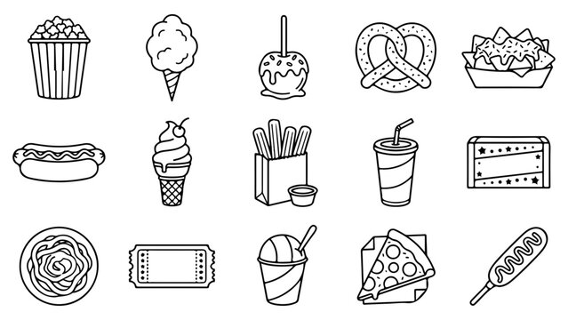 Set of black and white carnival food icons including popcorn cotton candy pretzel and pizza slice