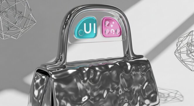 Metallic handbag accessory with glossy interface buttons and geometric shapes