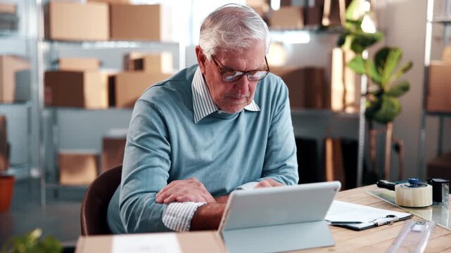 Mature, man and logistics with tablet in small business for online distribution or delivery service. Businessman, employee or checking schedule with technology for courier app, shipping or dispatch