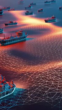 A fleet of cargo ships navigate a digital ocean, illuminated by an intricate network of glowing lines. ..Created with Generative AI, not depicting real subjects.