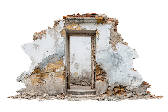 Damaged doorway with torn wall, realistic broken concrete texture, isolated PNG on transparent background