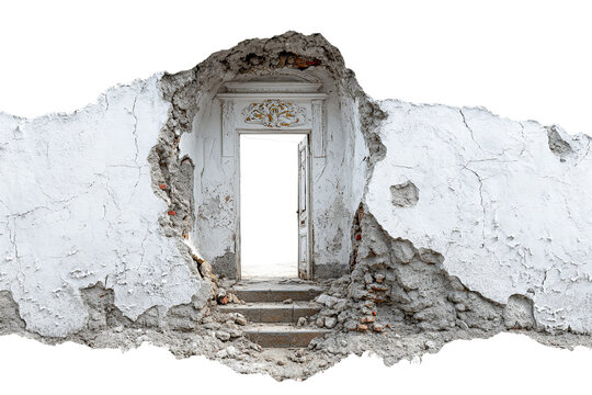 Damaged doorway with torn wall, realistic broken concrete texture, isolated PNG on transparent background