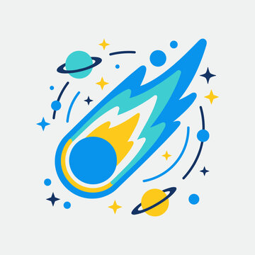 Falling comet with blue fire and cosmic planets icon
