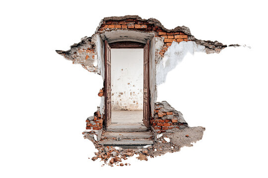 Damaged doorway with torn wall, realistic broken concrete texture, isolated PNG on transparent background