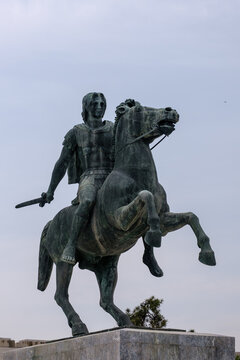Thessaloniki, Greece - April 14, 2026 : View of the bronze Alexander the Great Monument in Thessaloniki, Greece, showing Alexander riding his horse Bucephalus and a sword in his hand