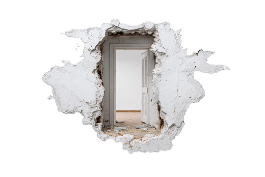 Damaged doorway with torn wall, realistic broken concrete texture, isolated PNG on transparent background