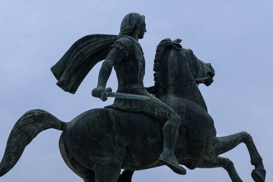 Thessaloniki, Greece - April 14, 2026 : View of the bronze Alexander the Great Monument in Thessaloniki, Greece, showing Alexander riding his horse Bucephalus and a sword in his hand
