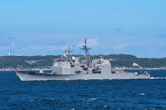 US Navy guided missile cruiser underway at sea