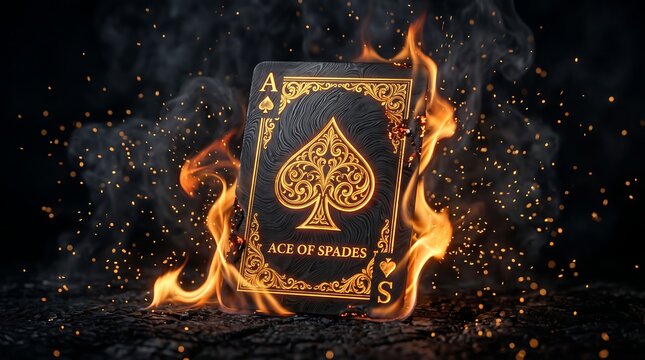 Burning ace of spades playing card engulfed in intense fire with glowing embers and dark smoke background