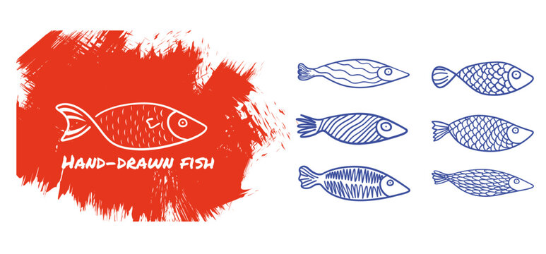Fish set vector hand drawn whimsical doodle illustration. Mediterranean coastal outline line art with fancy abstract sea animals. Simple playful children's print for fabric logo branding and clipart.