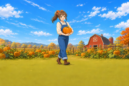 Anime style illustration of a smiling young woman in denim overalls holding a large orange pumpkin in a pumpkin patch with a red barn and autumn foliage under a blue sky, wide format with grass copy s