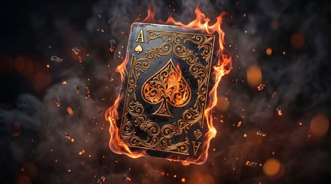 Ace of Spades playing card engulfed in intense fiery flames with glowing embers and dark cinematic smoke