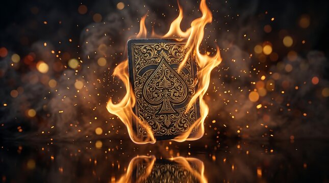 Burning ace of spades playing card engulfed in intense fire flames with dramatic dark smoke and golden bokeh