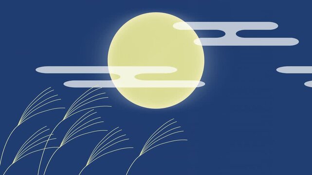 お月見をイメージした満月とススキが揺れる秋の夜空 ループ背景動画