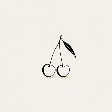 Minimalist Cherry Drawing A simple, elegant hand-drawn illustration of two ripe cherries joined by a stem with a single leaf, set against a neutral textured background.