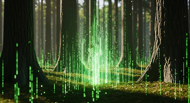 Digital Forest: Futuristic Green Circuitry Overlays Nature's Organic Textures
