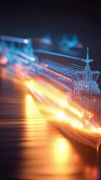 A futuristic container ship depicted with vibrant neon light trails and a digital wireframe. ..Created with Generative AI, not depicting real subjects.