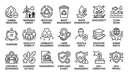Fototapeta premium Modern ESG Sustainability Linear Icon Set Vector with Environmental Social Governance Symbols