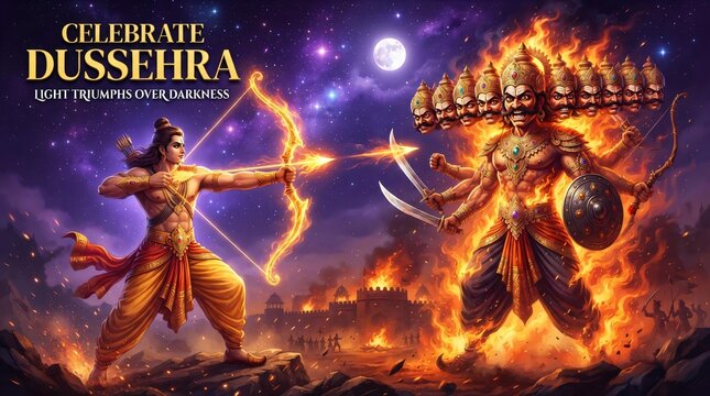 Dussehra Celebration &ndash; Shree Ram Pulling Divine Bowstring, Ravana Ten Heads
