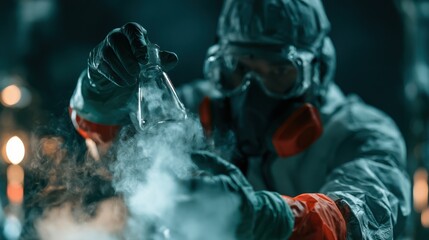 Fototapeta premium Person wearing safety goggles and gloves carefully handling a toxic chemical in a controlled laboratory or industrial environment, emphasizing safety and caution.