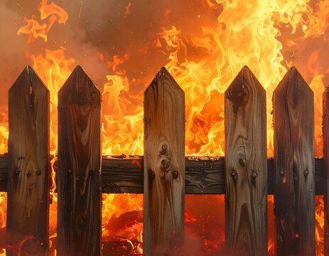 A wooden fence stands defiant as intense flames engulf the backdrop, creating a fiery scene