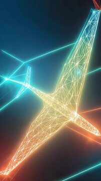 A glowing, abstract airplane rendered in a wireframe mesh, pulsing with neon light and network connections. ..Created with Generative AI, not depicting real subjects.