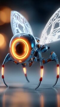 A futuristic robotic bee, with glowing orange accents and intricate circuit patterns on its wings. ..Created with Generative AI, not depicting real subjects.