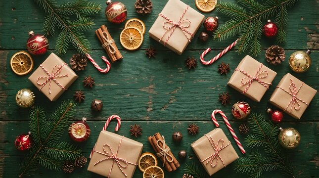 Christmas decorations create a holiday frame around several wrapped gifts.