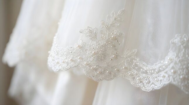 Wedding veil fabric displays intricate embroidery and delicate pearl detailing.