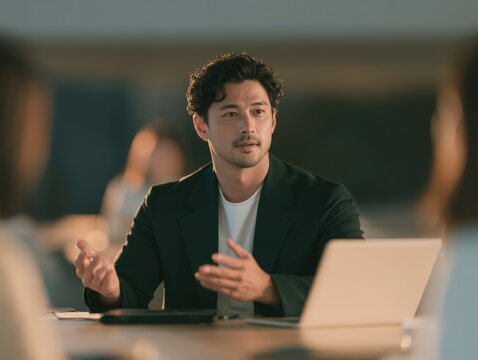 A man in a blazer is speaking and gesturing while seated at a table with a laptop, likely participating in a meeting or presentation.