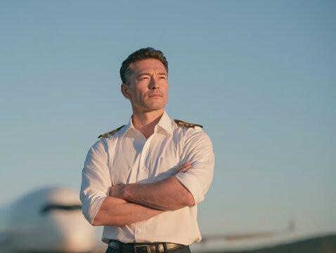 Confident pilot in uniform stands with arms crossed near a private jet during golden hour, looking into the distance.