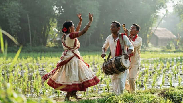 Assamese Bihu dancer and dhol player in a green paddy field