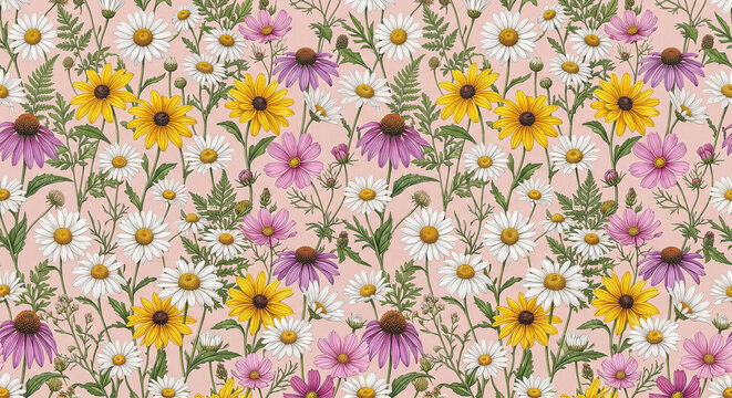 Bright colorful daisy seamless floral pattern creating a cheerful spring inspired wallpaper and fabric background