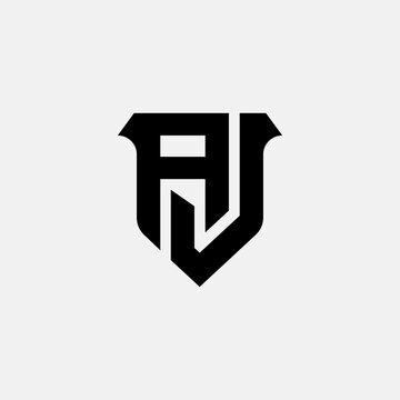 Modern monogram logo design with combined letters A and J in a minimalist shield emblem