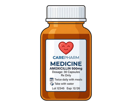 Amber Glass Medicine Bottle Labeled CAREPHARM WITH HEART SYMBOL AND AMPICILLIN 500mg Information Detailed Medical Packaging and Pharmaceutical Product